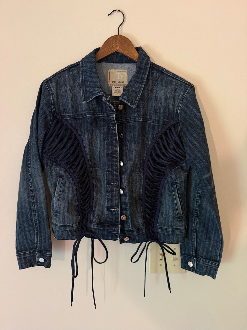 Cool Vintage Crest Jeans Dark Wash Stripes Lace-Up Denim Jacket, Size XL